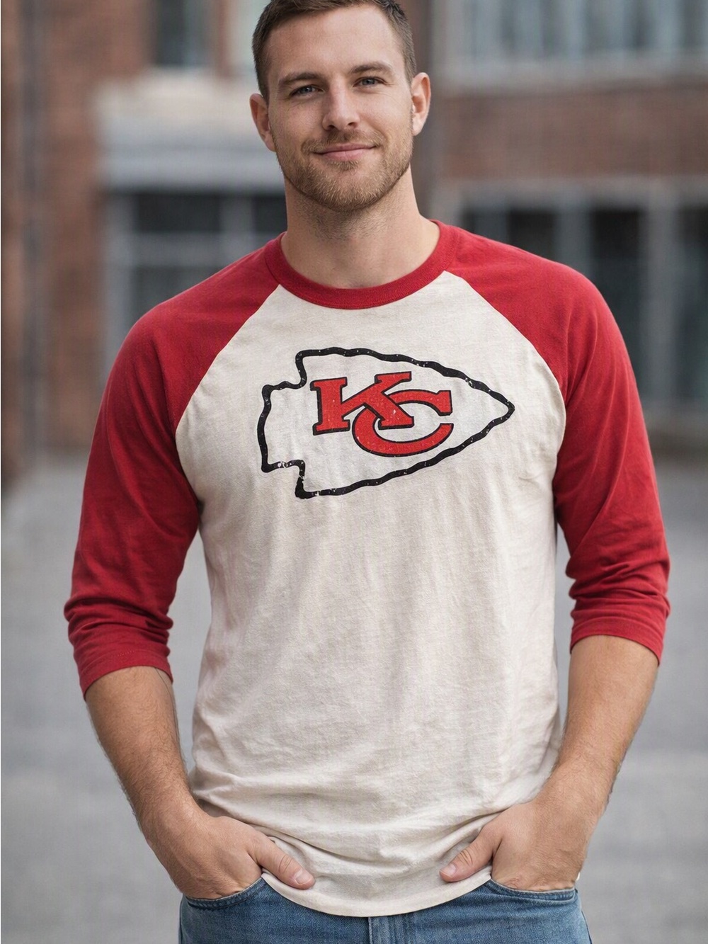 Majestic Kansas City Chiefs Kelce 87 Long Sleeve Raglan Tee in Red & White Size